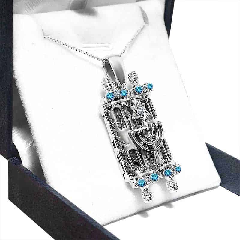 Collar con Rollo de la Torá (Plata 925 con Cristales Azules y Blancos) - Imagen 3